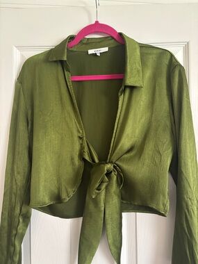 Ro & De Olive Green Satin Tie-Front Bolero Shirt